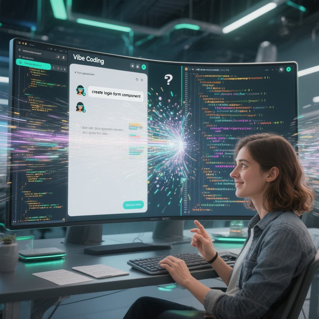 AI generated: Modern corporate illustration of "Vibe Coding" concept - Colombian software developer in casual rela...