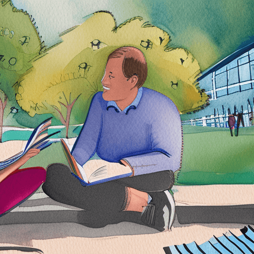 AI generated: college student speaking with middle-aged professor on campus about reading, sharing books, colourfu...