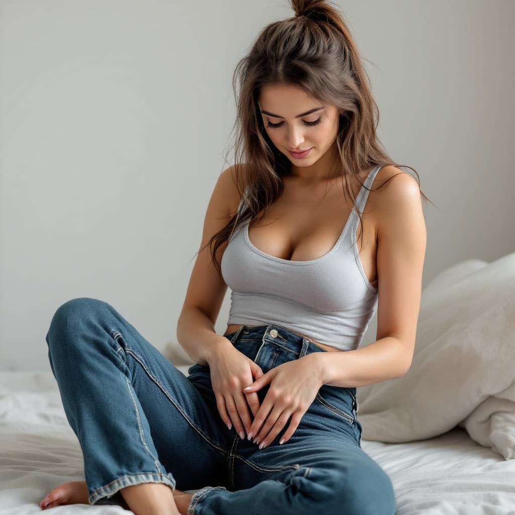 AI generated: a woman  this pose mid removal procees when jeans