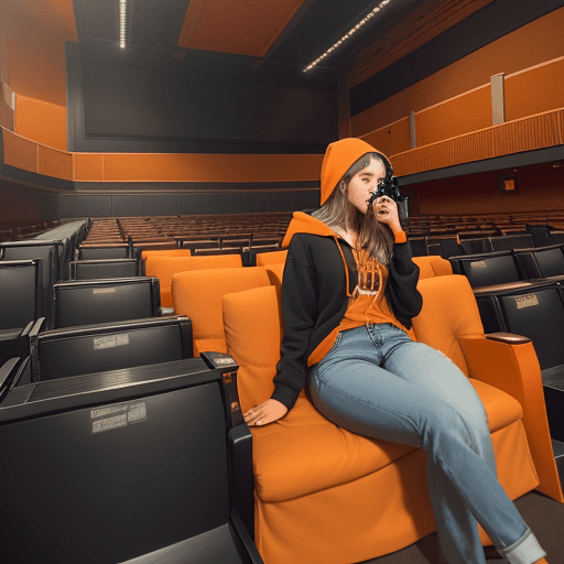 AI generated: photography, vast emptiness of a movie theater serves as the backdrop for a moment of carefree repos...