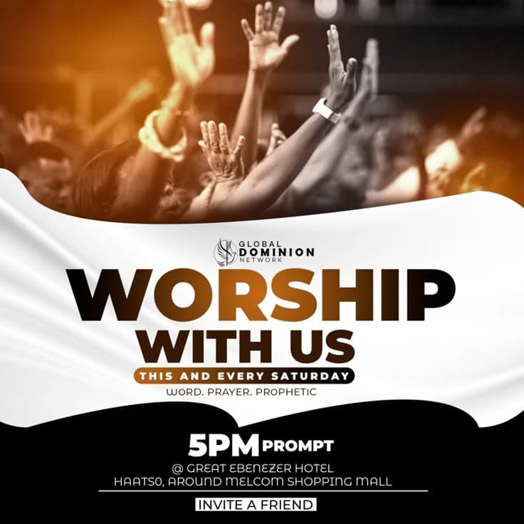 AI generated: 
"Vibrant global worship event at Ebenezer Hotel near Melcom Shopping Mall in Hartso. Spacious mode...