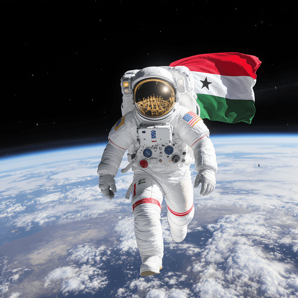 AI generated: 'a black african in a space suit walking in space with a ugandan flag " 