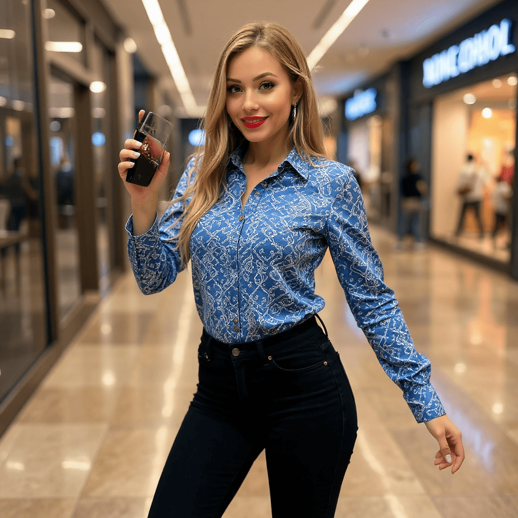 AI generated: Full body shot portrait of a beautiful model, blue eyes, dancing, in blue batik casual shirt, black ...