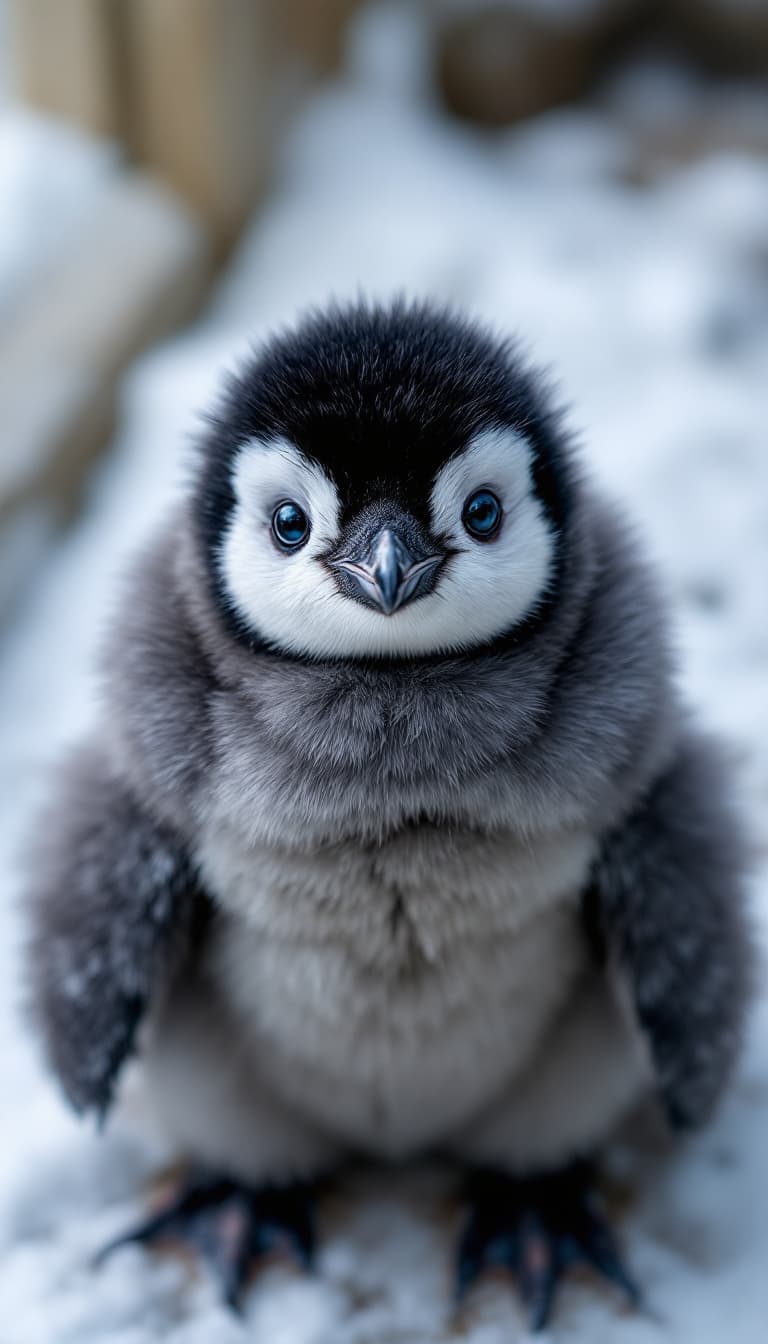 AI generated: An adorable baby emperor penguin with a round, fluffy body covered in thick dark gray feathers. Its ...