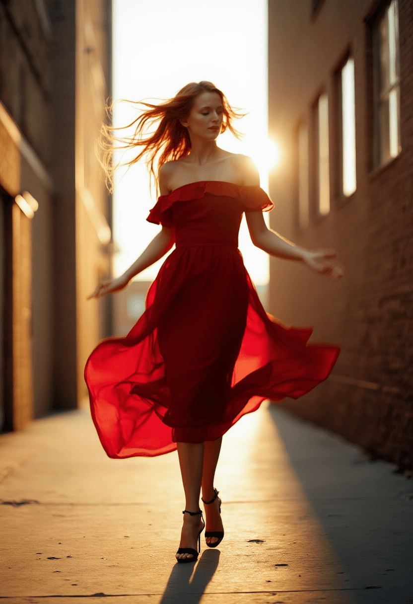 AI generated: A fit 25yo woman with fair skin, freckles, and long flowing red hair is captured in mid-motion, spin...