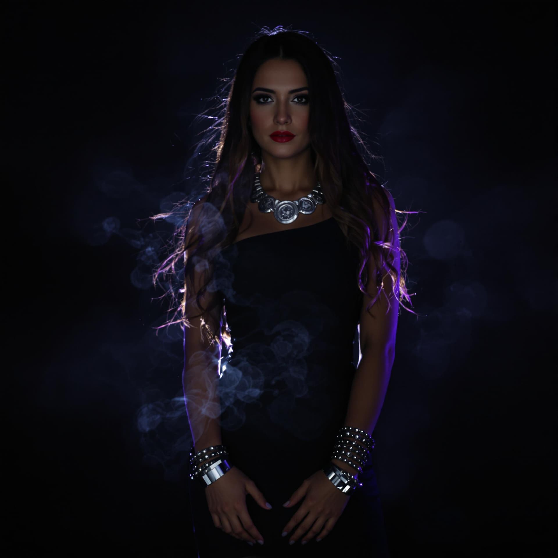 AI generated: Prompt
A woman stands in a black sleeveless dress, adorned with silver bracelets and a silver neckla...