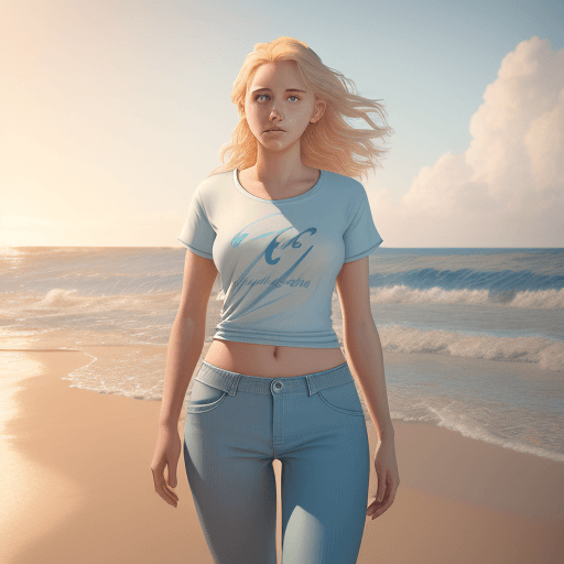 AI generated: A woman of age of 18, beautiful, woman is swimming in the sea, woman wears solid light blue pants an...