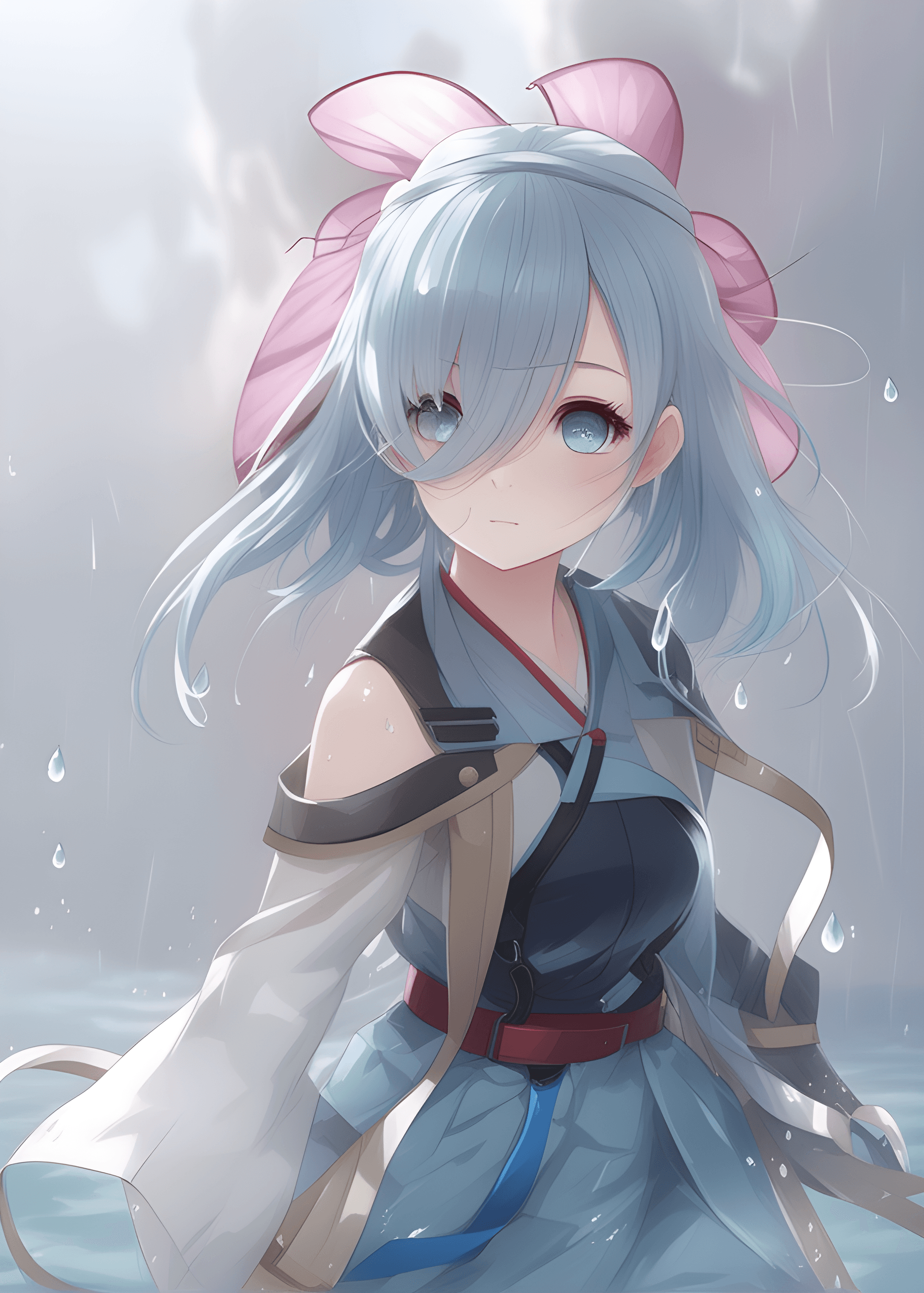 AI generated: a girl with blue hair standing in the rain, splash art anime loli, by Pu Hua, rainy background, hold...