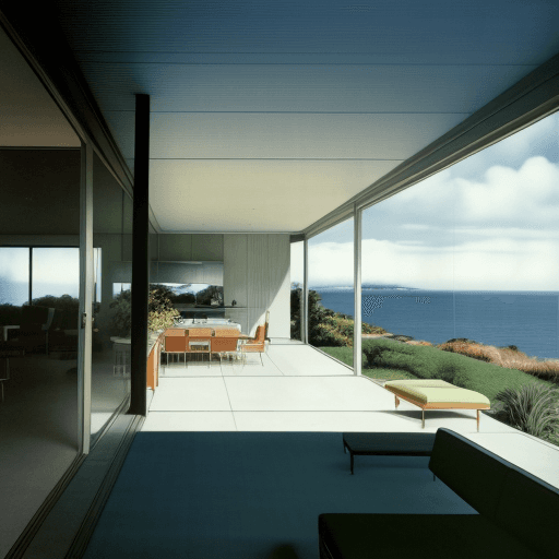 AI generated: Hyper realistic eye level exterior photo of a mid century modern style house overlooking the ocean, ...
