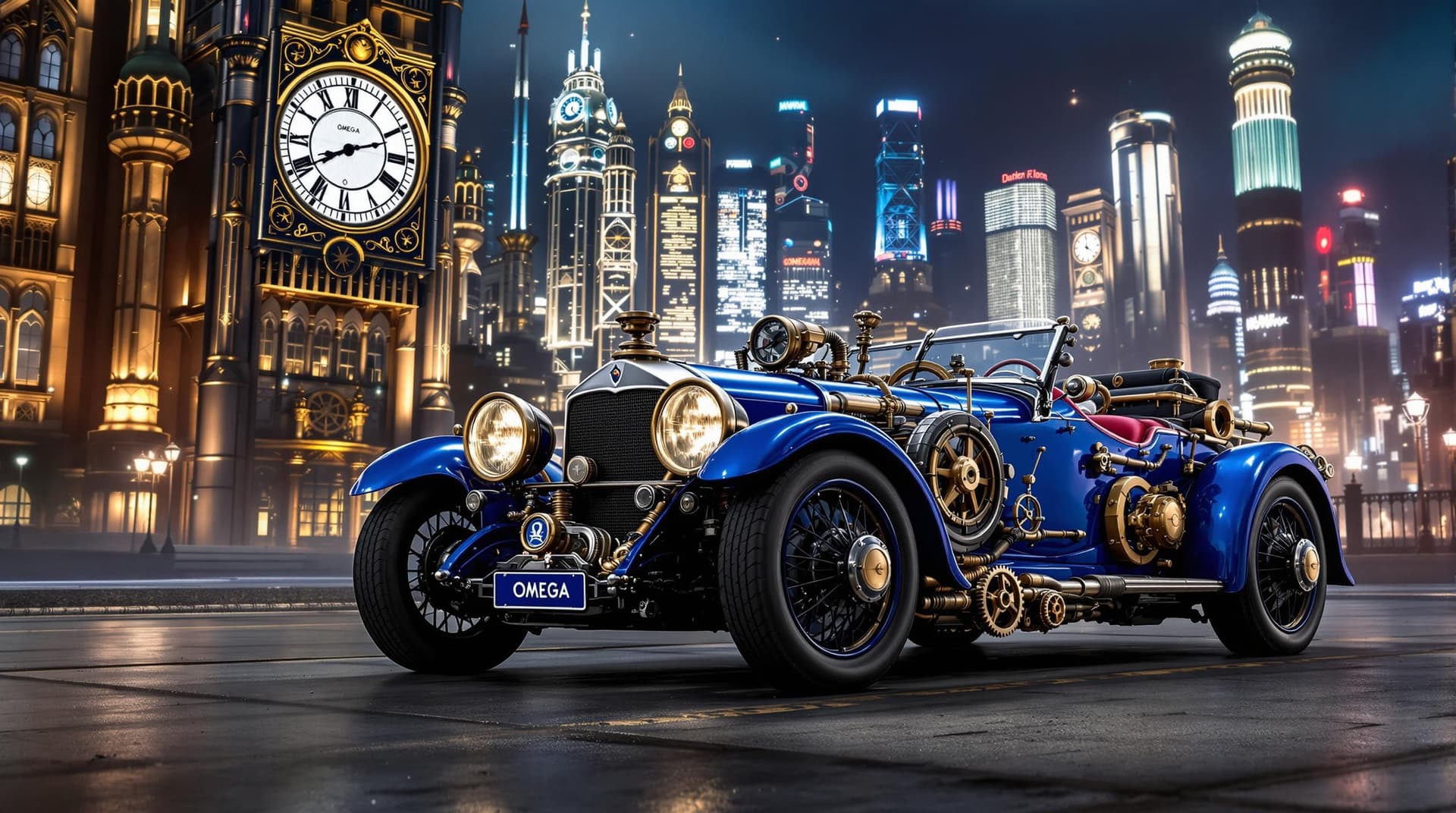 AI generated: A vintage automobile with a striking blue color and intricate mechanical details, set against a futu...