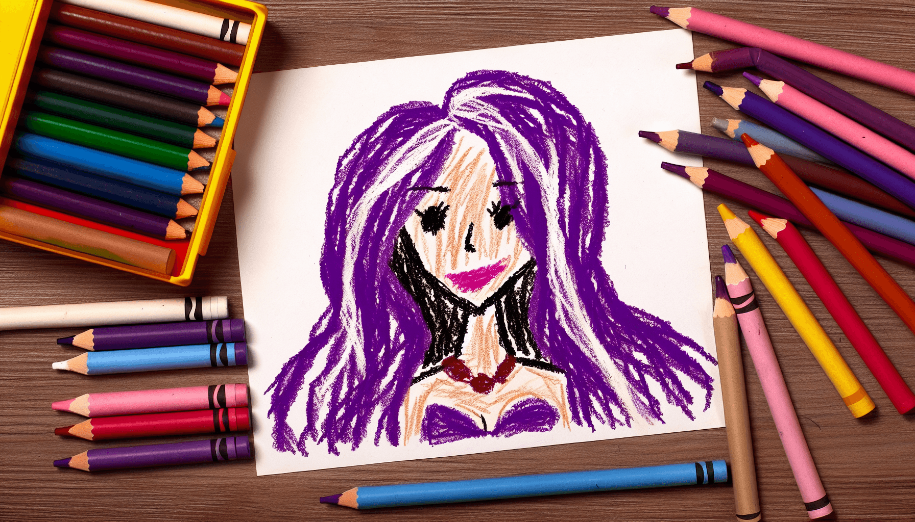 AI generated: woman with long flowing purple hair, crayons, horribly drawn by second grader