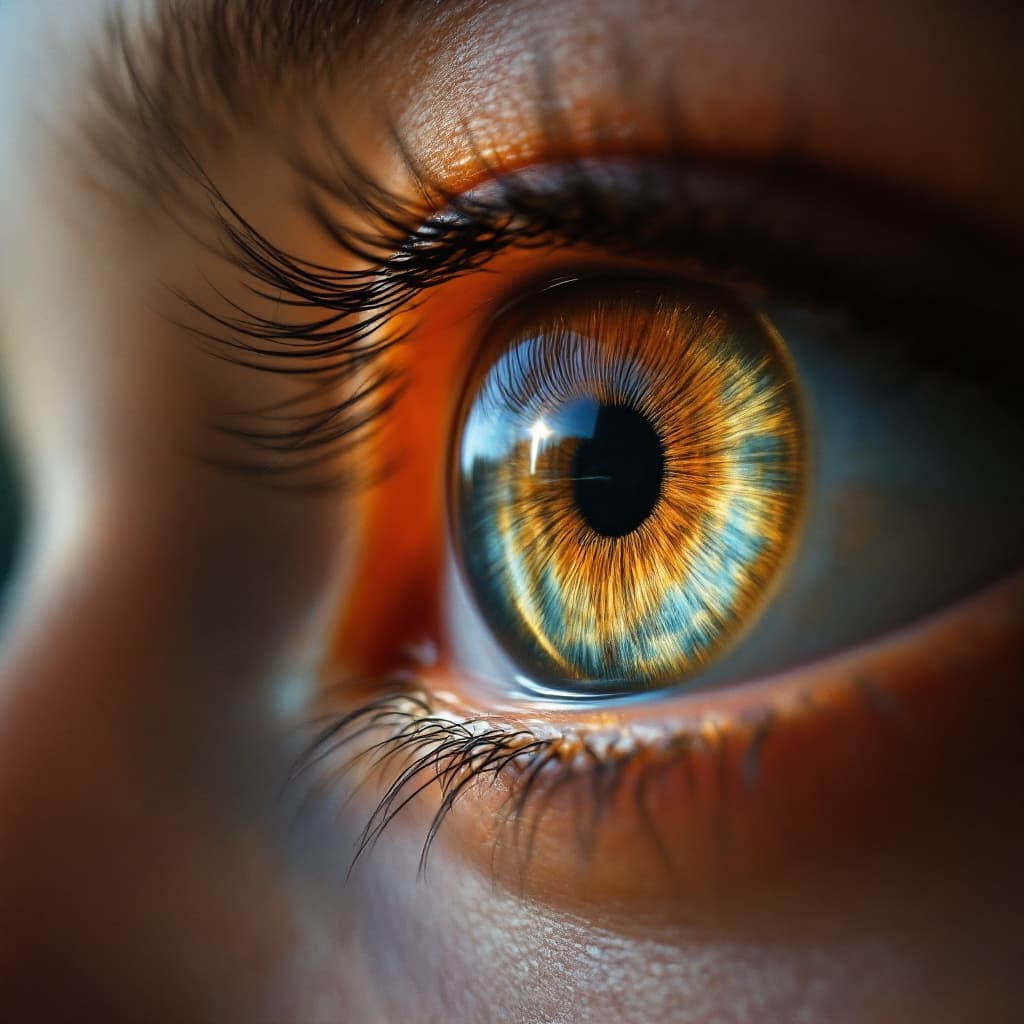AI generated: A brown hyperrealistic eye that that can be zoomed into its light reflexes and in every zoom stage a...