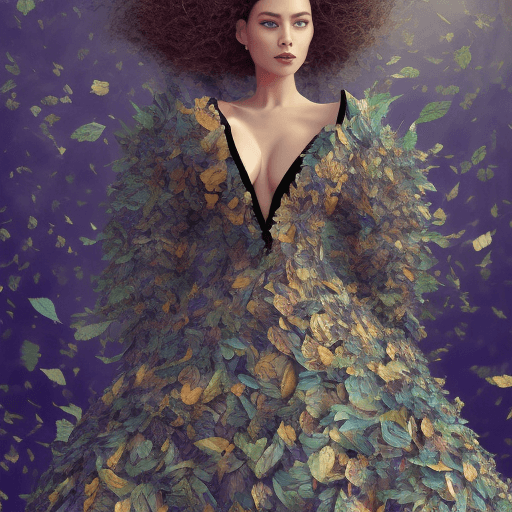 AI generated: A full body photorealistic beautiful dress made entirely of leaves with blue apple texture, rose pat...