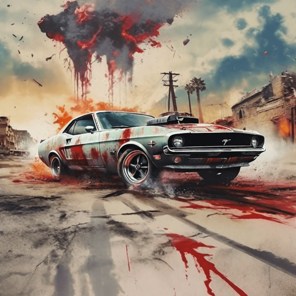 AI generated: A (((comic Horror poster))) for a (post apocalyptic world) featuring a sleek, (((Dodge rustic Charge...