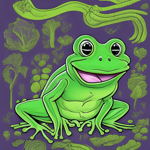 AI generated: Frog but with cabbage body, cartoon, thick lineart, 8k