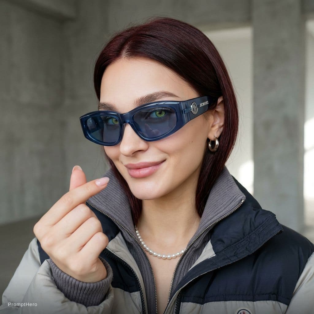 AI generated: Fashion shoot, Jacquemus and Moncler collaboration: dark blue translucent futuristic sunglasses, hyp...
