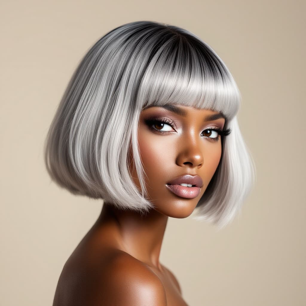 AI generated: hair photography, black woman, bob cut hair, silver color, ivory hue background, studio lighting set...