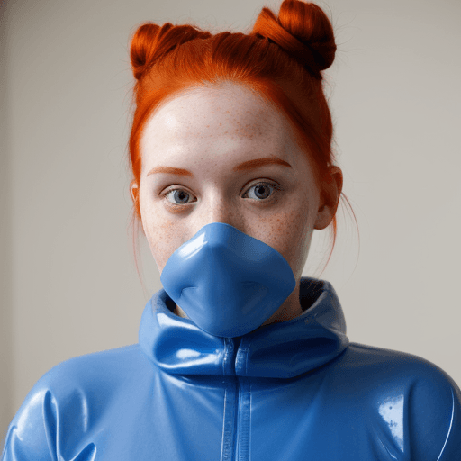 AI generated:  A girl, fat, pale skin, red hair in tight bun, freckles, wearing blue rubber hazmat suit, 