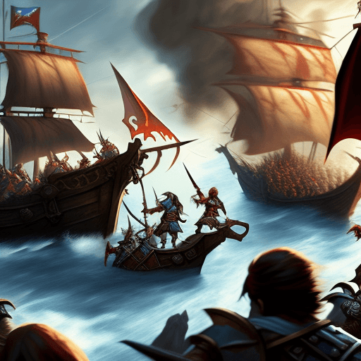 AI generated: dungeons and dragons, a party of adventurers fighting pirates, action shot, big battle, fantasy, con...