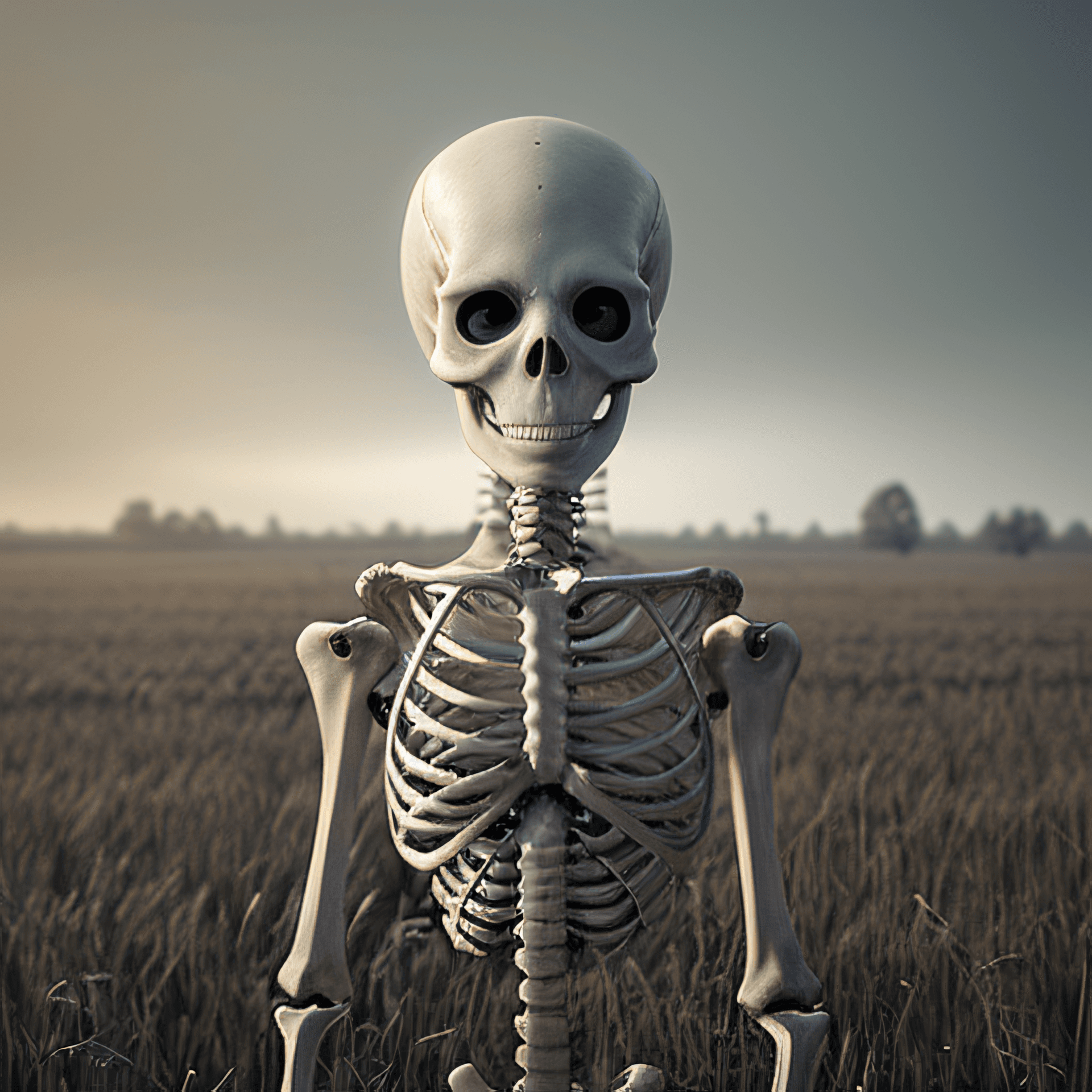 AI generated: a creepy-looking skeleton standing in a field, a character portrait by Mike Winkelmann, cgsociety co...