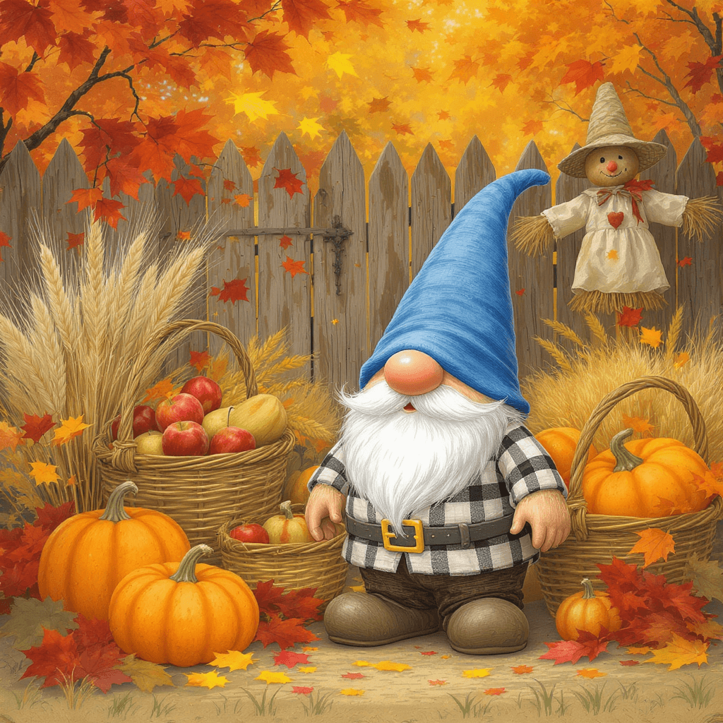 AI generated: A garden gnome in a plaid shirt and straw hat, standing next to baskets of apples, gourds, and wheat...