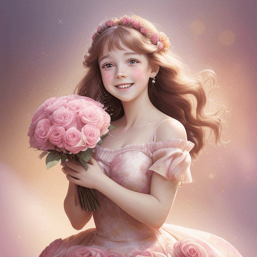 AI generated: A picture of a joyful young girl holding a bouquet, Disney princess reference, radiant happy smile, ...