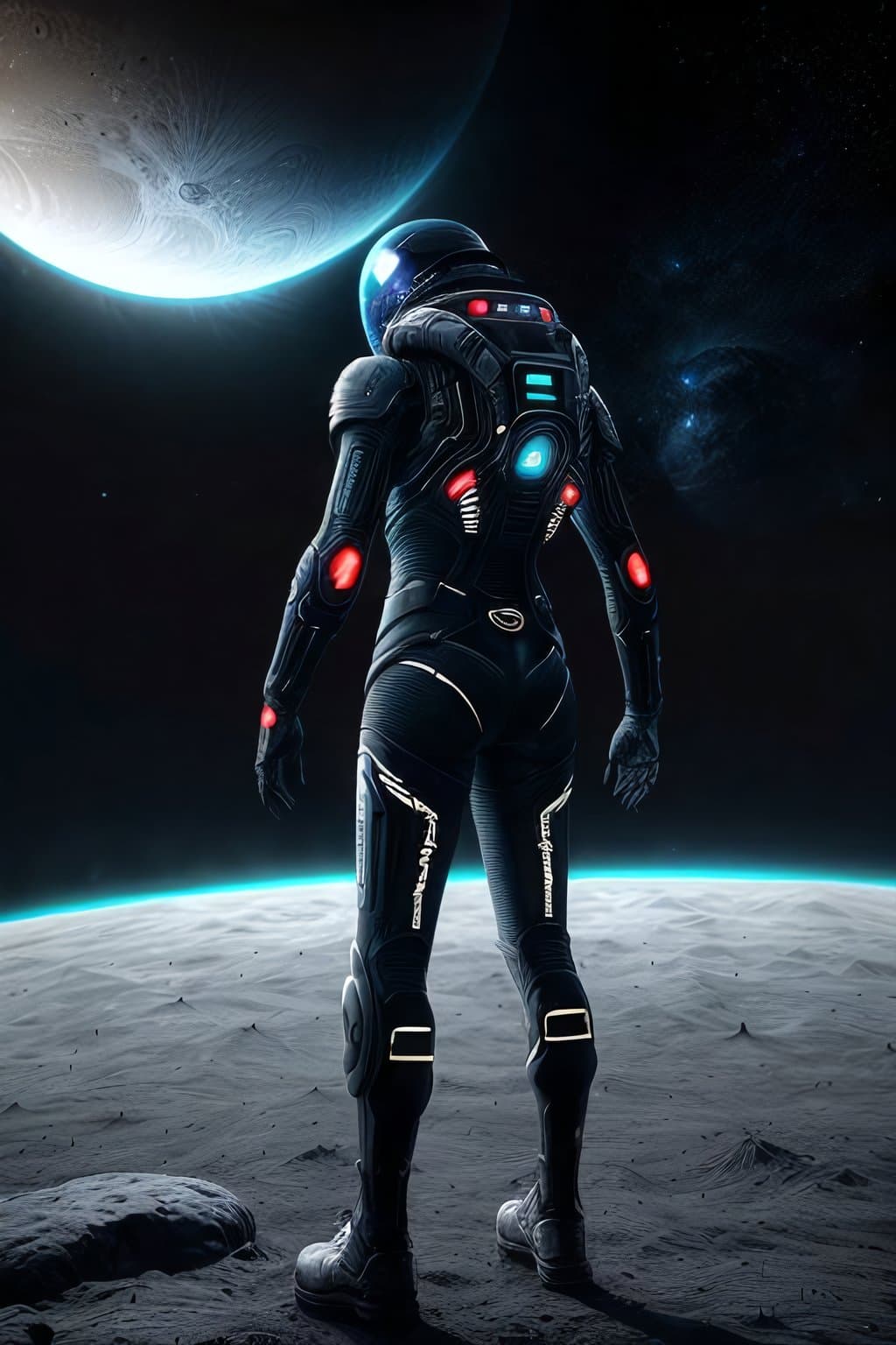 AI generated: epic, masterpiece, alien friendly standing on moon, intricated organic neural clothes, galactic blac...