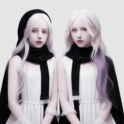 AI generated: Albino twins, white wavy hair, pale skin, purple eyes and soft smiles. Simple black dresses and blac...