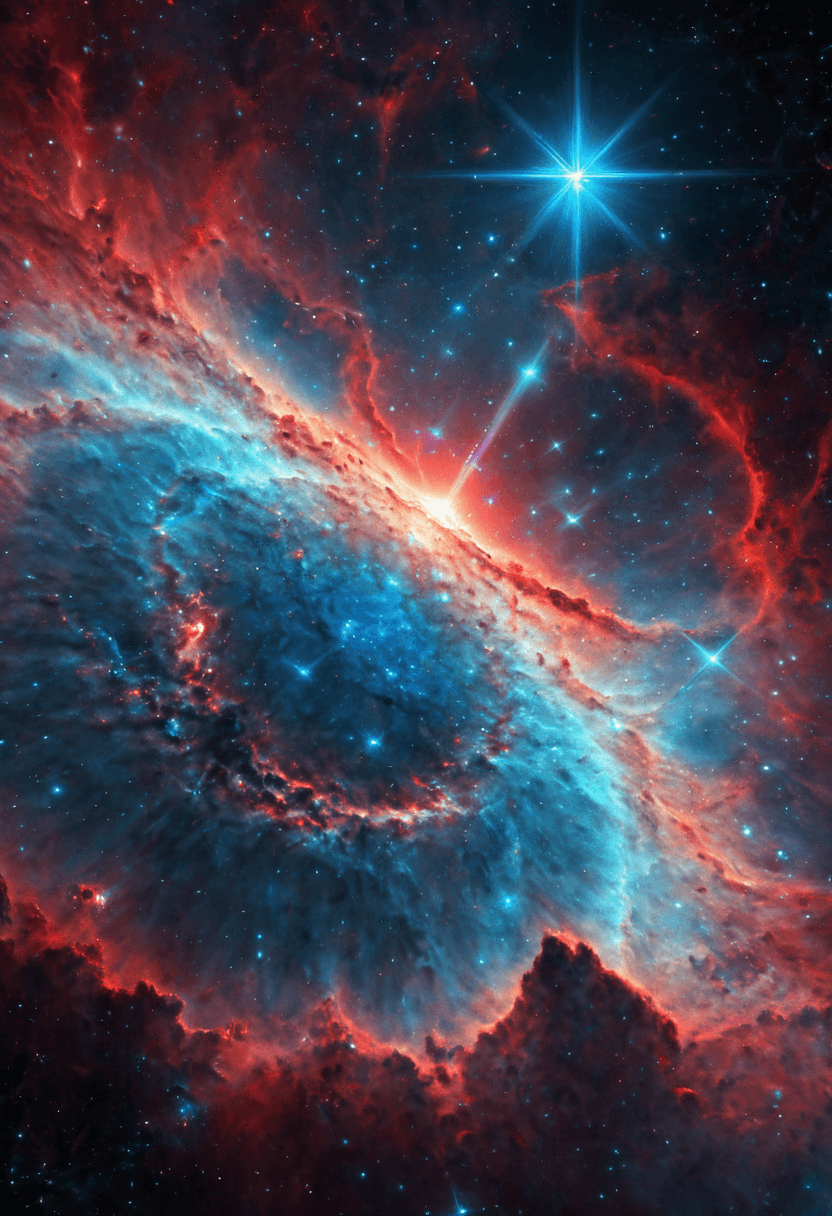 AI generated: A high detail cosmic nebula with vibrant reds and blues, dynamic colors and shifting lights, intrica...