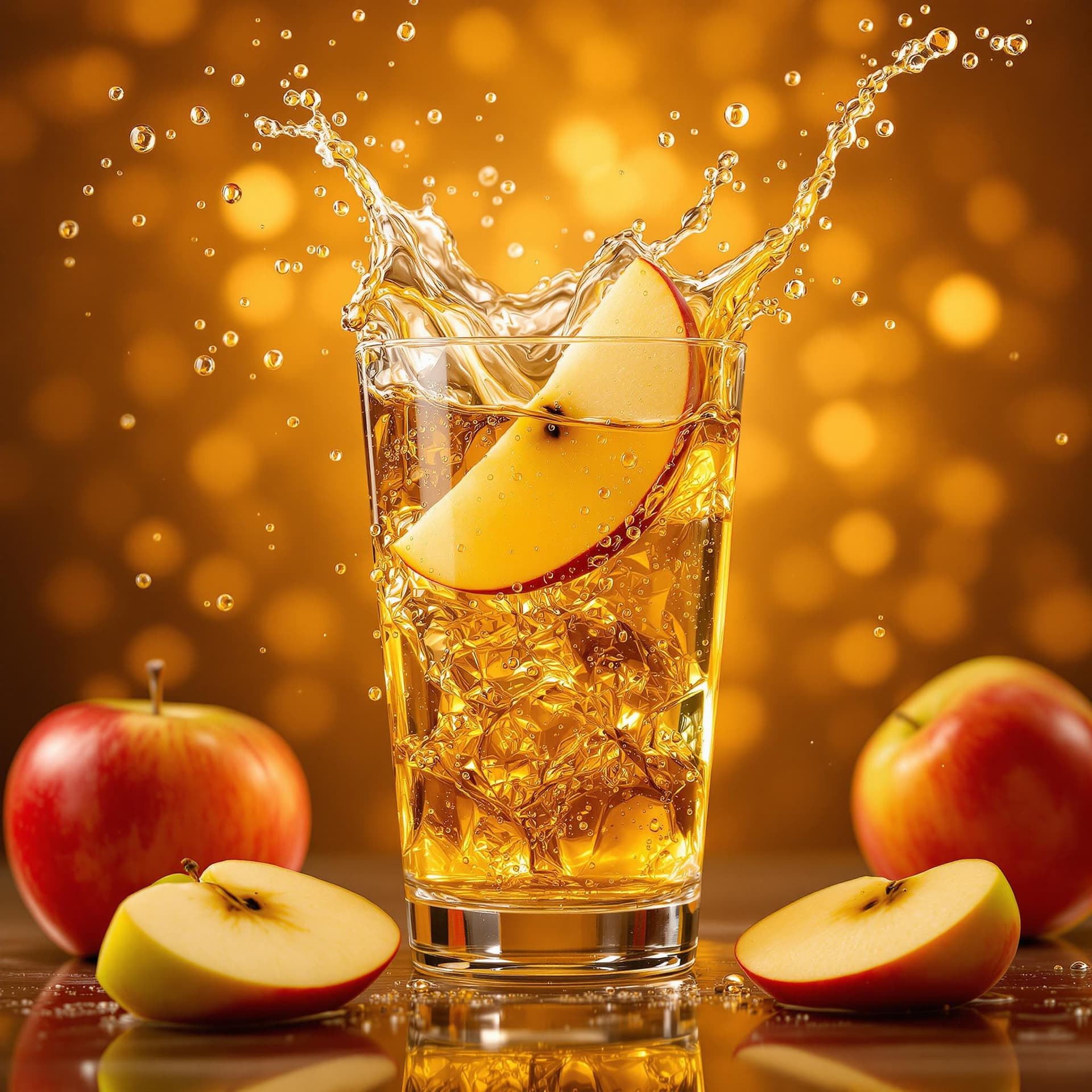 AI generated: The image captures a stunning moment where a clear glass of apple cider experiences a dynamic splash...