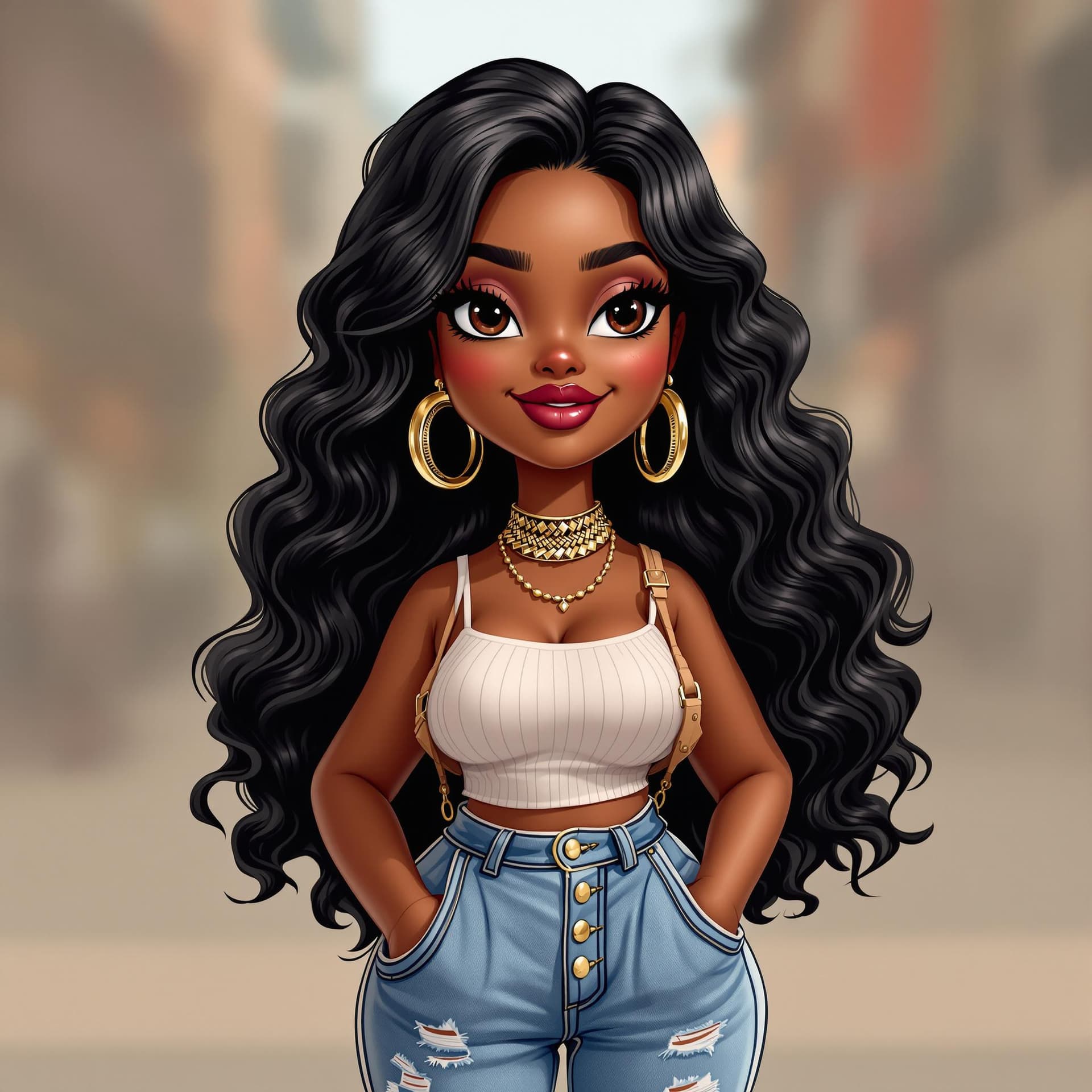 AI generated: create in the style of 3D Disney Pixar like African American curvy chibi with loving and cheerful ex...