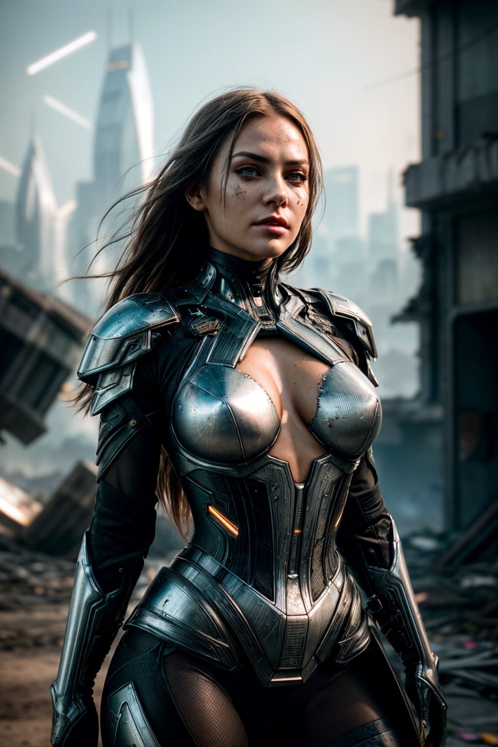AI generated: medium shot photo of sexy female cyborg wearing scratched and tarnished futuristic armor in a destro...