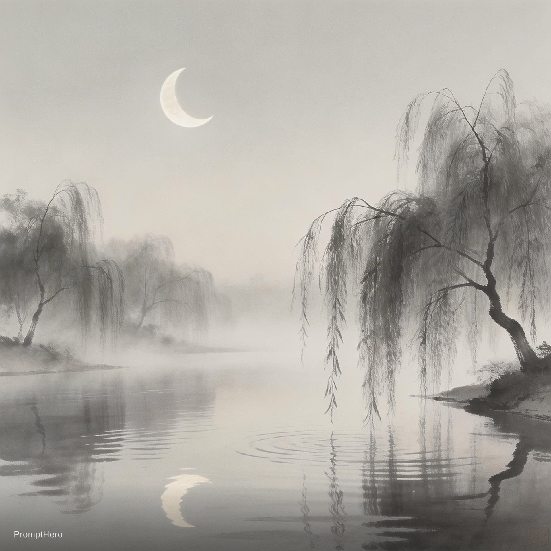 AI generated: The most famous scene: riverbank with weeping willows, a silver crescent moon in the dawn sky, morni...