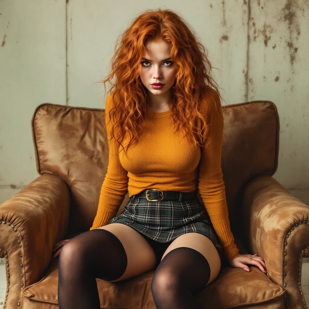 AI generated: Co-ed, 21, thicc, long curly unkempt red hair, tight ochre sweater, tight plaid skirt. thigh-high st...