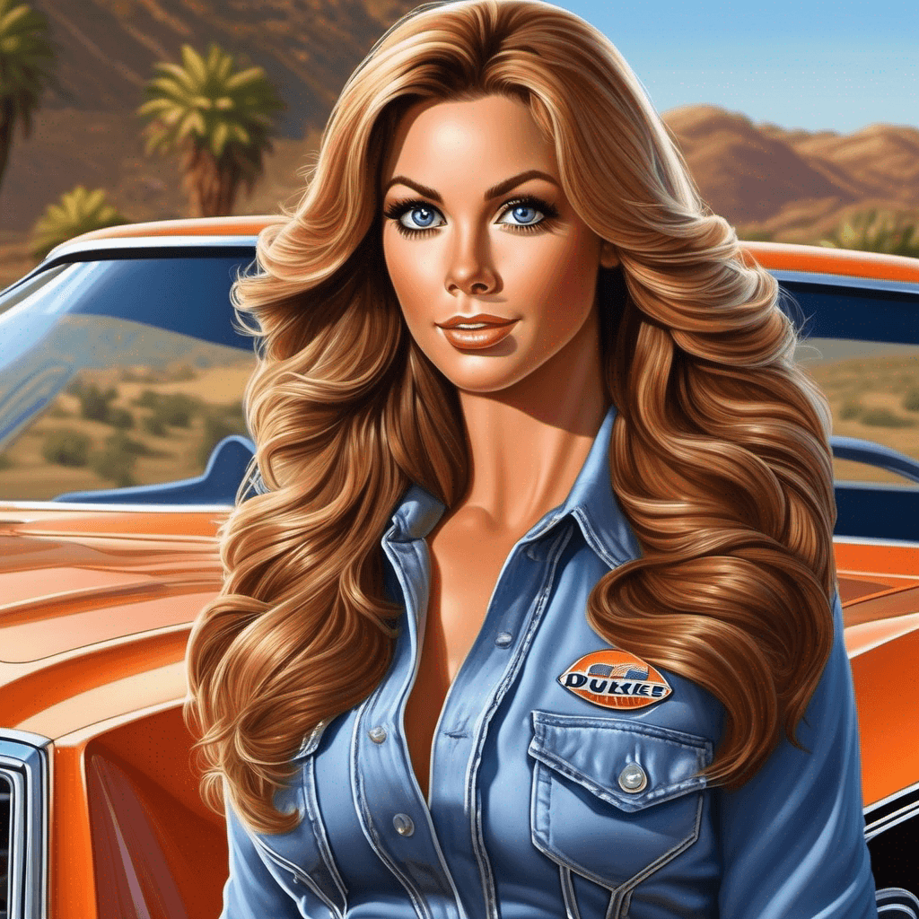 AI generated: A classic Retrowave Art portrait version of Daisy Duke from Dukes Of Hazzard, long ash blond wavy ha...