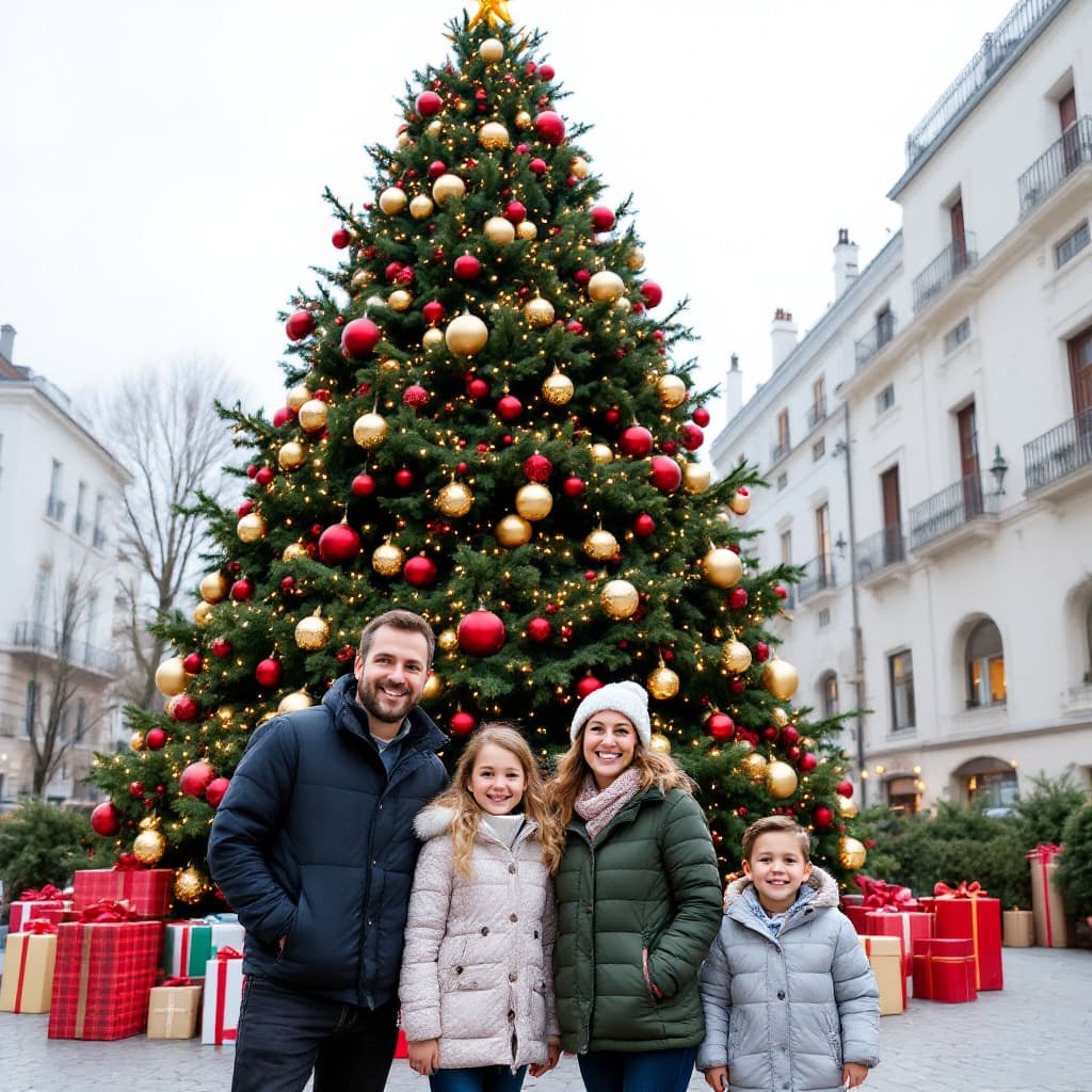 AI generated: Foto navideña de una familia con dos niños delante de un árbol de Navidad gigante