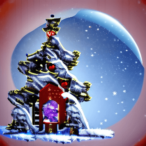 AI generated: A tree house, red filter, lots of snow, floating bright lights, Santa Claus flying next to a moon, m...