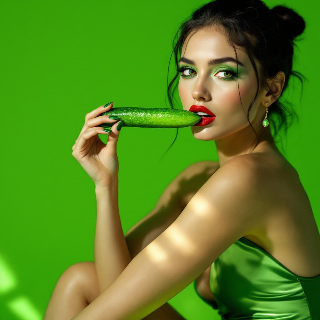 AI generated: A modern, artful portrayal of Celia as a seductive muse in a highly stylized Vogue cover shoot. The ...