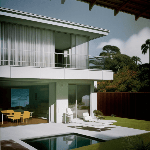 AI generated: Hyper realistic eye level exterior photo of a mid century modern style house overlooking the ocean, ...