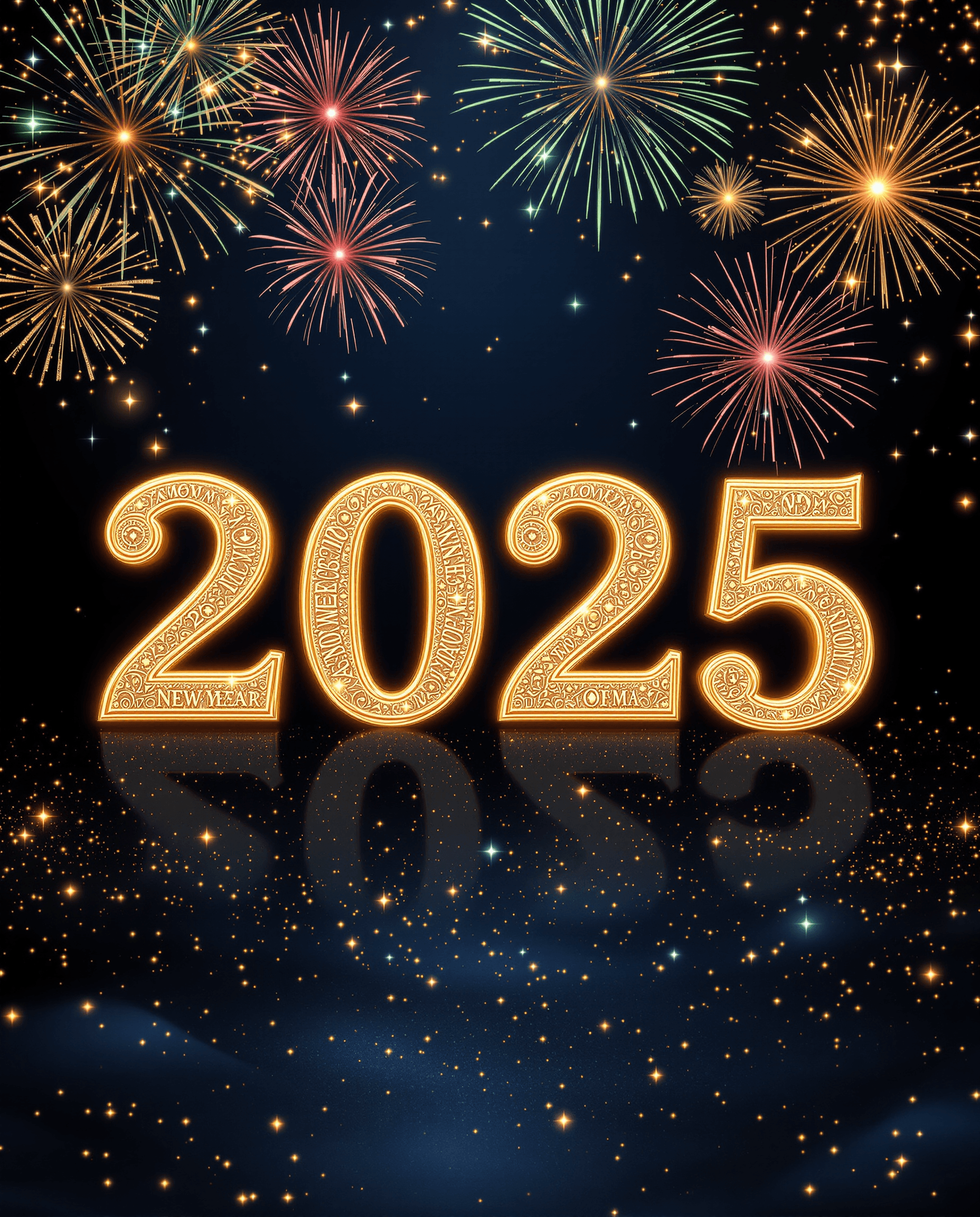AI generated: A dazzling New Year 2025 wallpaper featuring a luminous '2025' in glowing 3D gold with intricate eng...