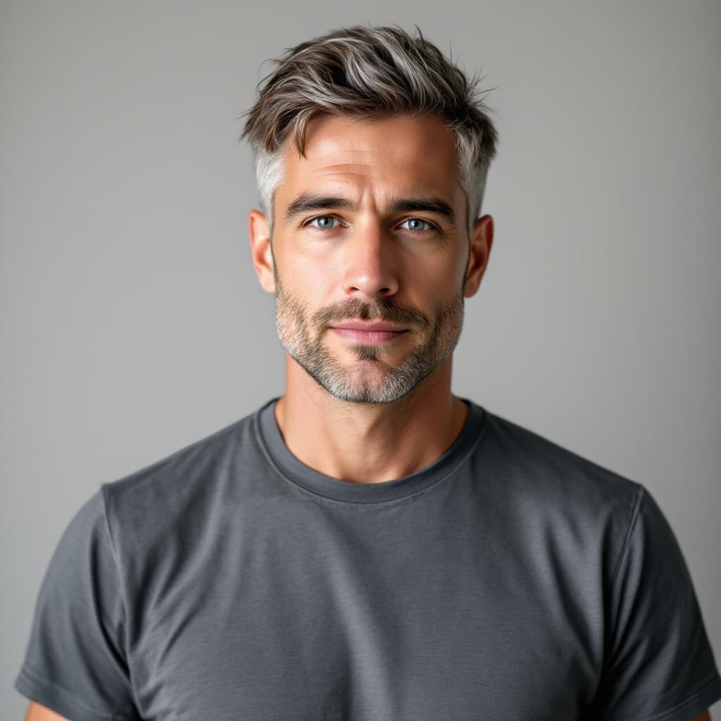 AI generated: Professional studio portrait of a 49-year-old white American man, light skin, short layered brown ha...
