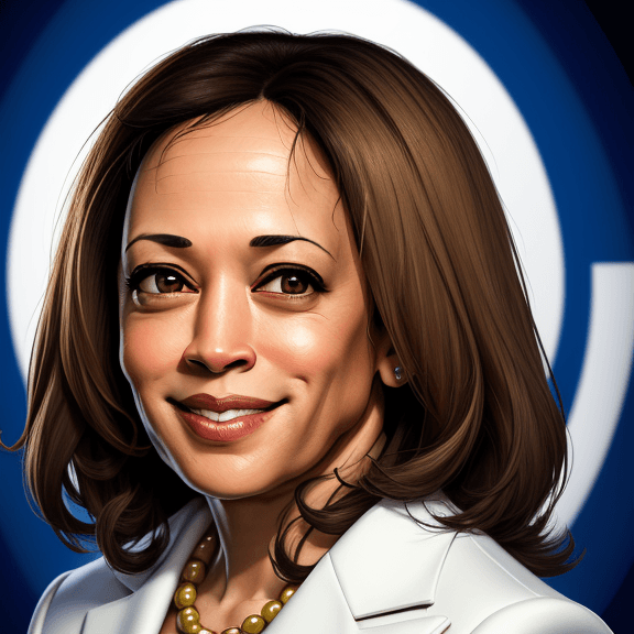 AI generated: cartoon kamala harris headshot, looking into camera, white background, smiling, 4K, wearing a cream ...