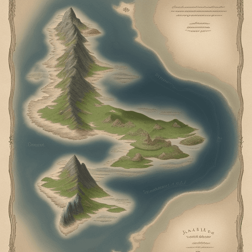 AI generated: Fantasy map, large main continent, one smaller island, one large island, one small island in the sty...