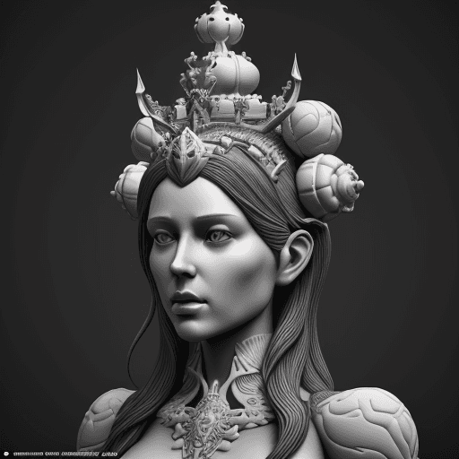 AI generated: a black and white sculpture of a woman with an elaborate crown, in the style of hyper-realistic sci-...