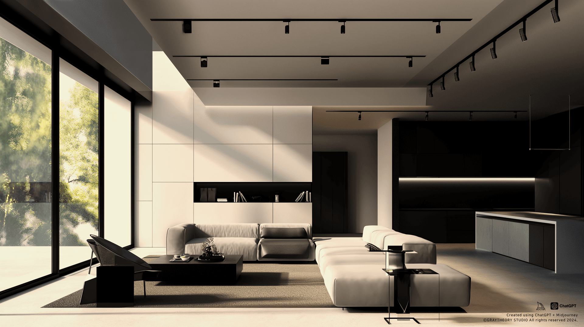 AI generated: Cinematic view of a minimalist living room, featuring sleek geometric shapes, a monochrome palette w...