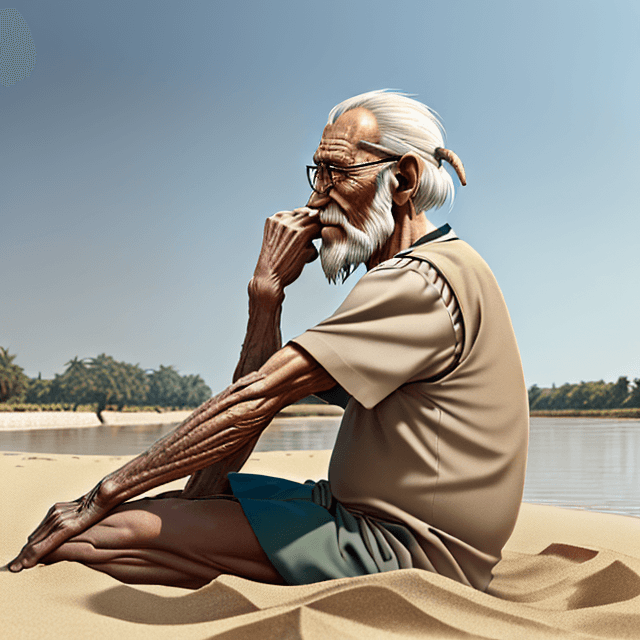 AI generated: side view of a nice, wise, slim, and old prehistoric man sitting on sand near the bank of the river,...