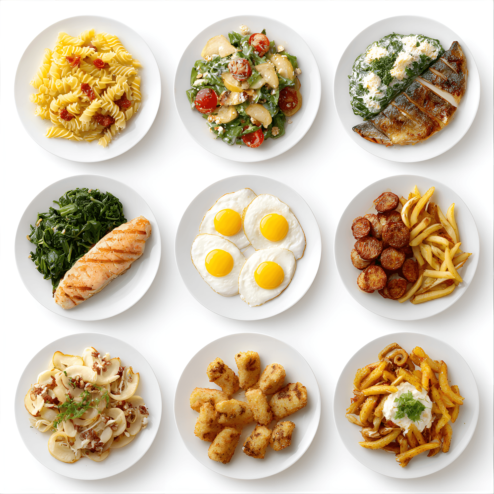 AI generated: Assorted food plates, overhead view, various cuisines, high-angle shot, studio lighting, white backg...