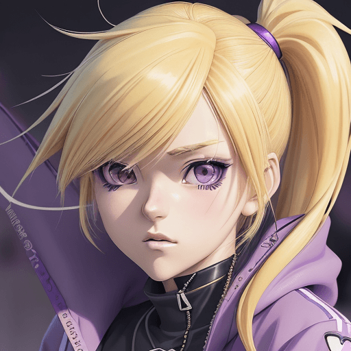 AI generated: Close up of a person with blonde hair and a purple jacket, sporty anime girl, cute anime girl, detai...