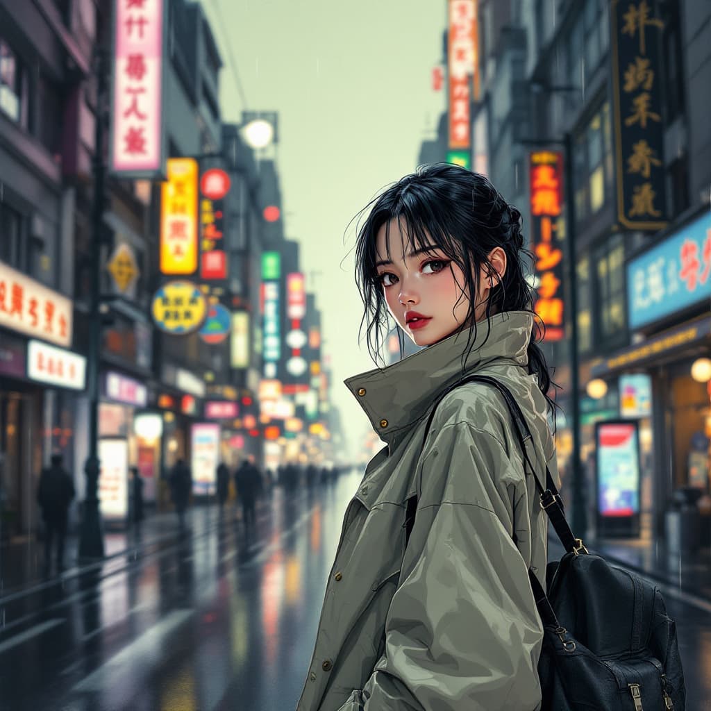 AI generated: a japanese woman in a raincoat standing on a city street in anime style| detailed symmetric features...