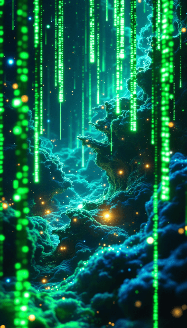 AI generated: An abstract digital scene infused with Matrix-style cascading green code, streaming down like rain i...